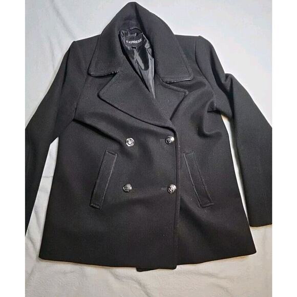 Express Coat Womens Small Pea Coat Wool Blend Double Breasted Black Outerwear - Picture 8 of 10